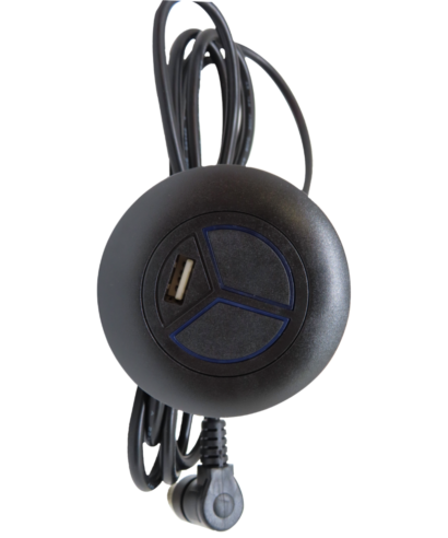 Switch 2 Button USB - Round Black Lighted. Relay-free Ctrl, Straight cable with 90 Degree 5 pin/4 wire terminal, 6' length, with USB port and LED backlight.