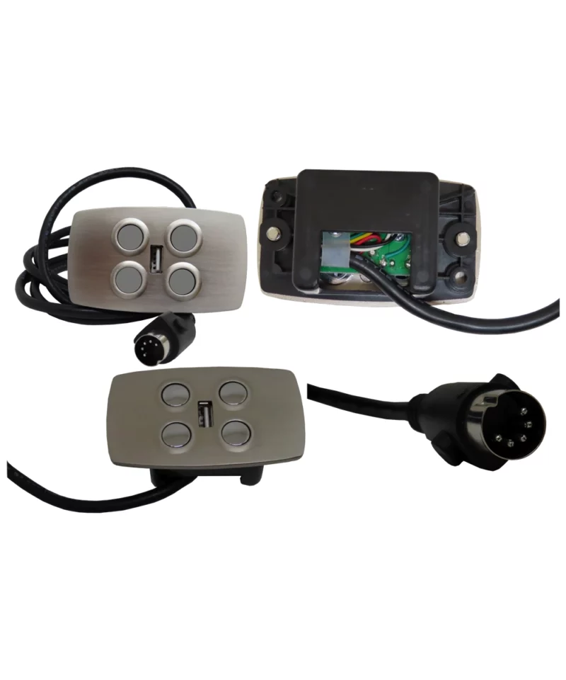 CONTROL DUAL ACTUATOR USB CHARGE 4 BUTTON. Input: 29V 2A. Output: 5V 2A. Left two buttons control one motor. Right two buttons control the other motor