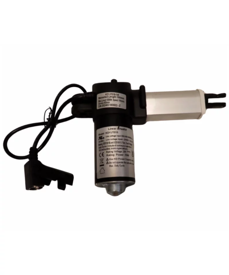 KDYJT018-145 Kaidi Linear Actuator Motor. Specs: Stroke 50mm, Max Load 1000N, Speed 18mm/s, Rating Voltage 29V, Rating Power 75W, Max Duty Cycle 2min ON