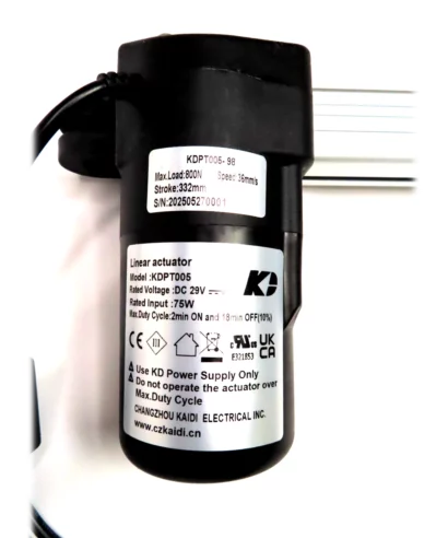KDPT007-98 Kaidi Linear Actuator Motor for Recliner/Lift Chair. Specs: Max load: 800N, Speed: 36mm/s, Stroke: 333mm, Rated Voltage: DC 29V, Rated Input: 75W