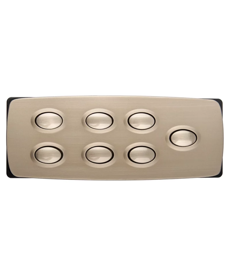 KDH123-001 7-Button 8-Pin Power Recliner Switch. Six big round buttons operate the headrest, lumbar, and footrest. A separated button in center function as a reset/home button
