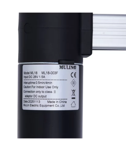 ML18-003F Mulin Linear Actuator for Recliner/Lift Chair. Specs: Input: DC 28V 1.5A, Interuptime: 0.5min/4min, Conection only to class II adaptor DC output