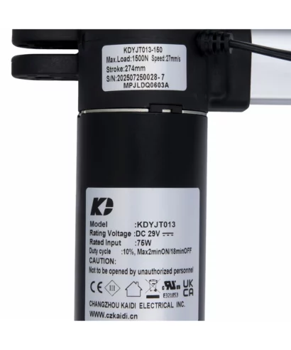 KDYJT013‐150 Kaidi Linear Actuator Motor for Recliner/Lift Chair. Specs: Max Load: 1500N, Speed: 27mm/s, Stroke: 274mm, Input: DC 29V, Power: 75W