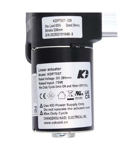 KDPT007-329 Kaidi Linear Actuator Motor for Recliner/Lift Chair. Specs: Max load: 800N, Speed: 36mm/s, Stroke: 326mm, Input: DC 29V, Power: 75W