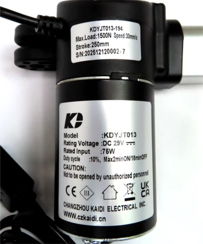 KDYJT013-194 Kaidi Linear Actuator Motor for Recliner & Lift Chair. Specs: Max Load: 1500N, Speed: 30mm/s, Stroke: 250mm, Input: DC 29V, Power: 75W