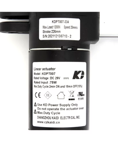 KDPT007‑334 Kaidi Linear Actuator Motor for Recliner & Lift Chair. Specs: 226mm stroke, 1200N load, & 29V DC. OEM replacement part for lift chairs & sofas