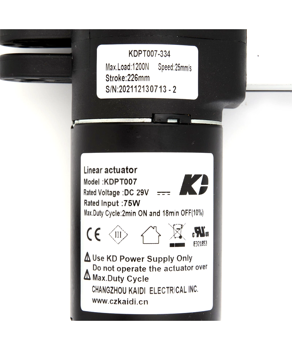 TC330MOTO-A KDPT007‑334 Kaidi Linear Actuator Motor for Recliner & Lift Chair. Specs: 226mm stroke, 1200N load, & 29V DC. OEM replacement part for lift chairs & sofas
